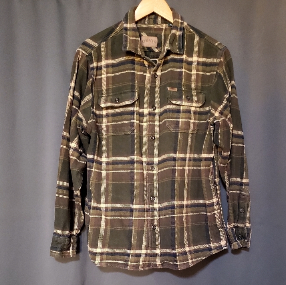 Orvis Plaid Button-Up Heavy Flannel Shirt Green and Brown Size Large
